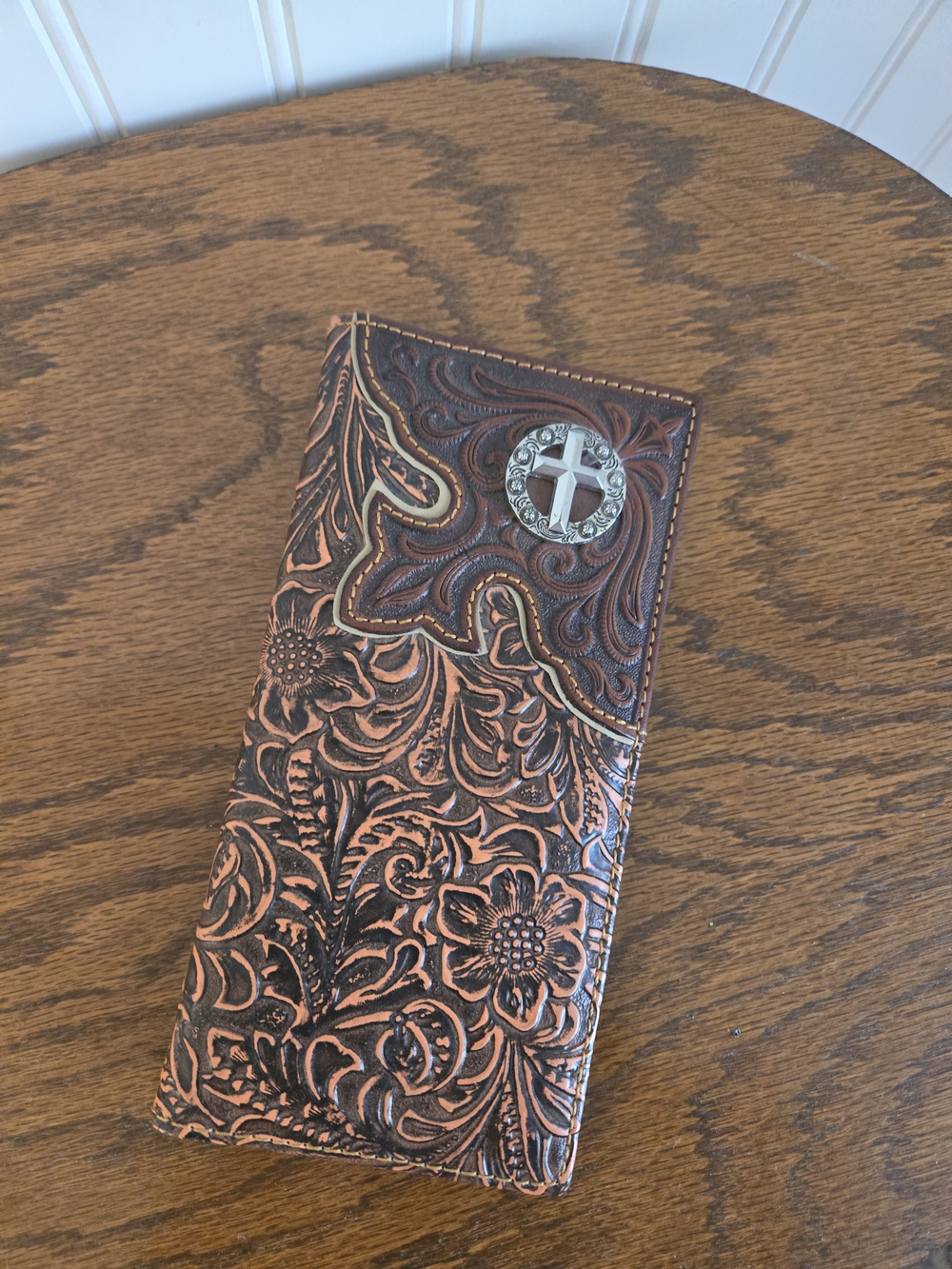 Tooled Floral Leather Long Card & Key Wallet with Cross Accent - Brown